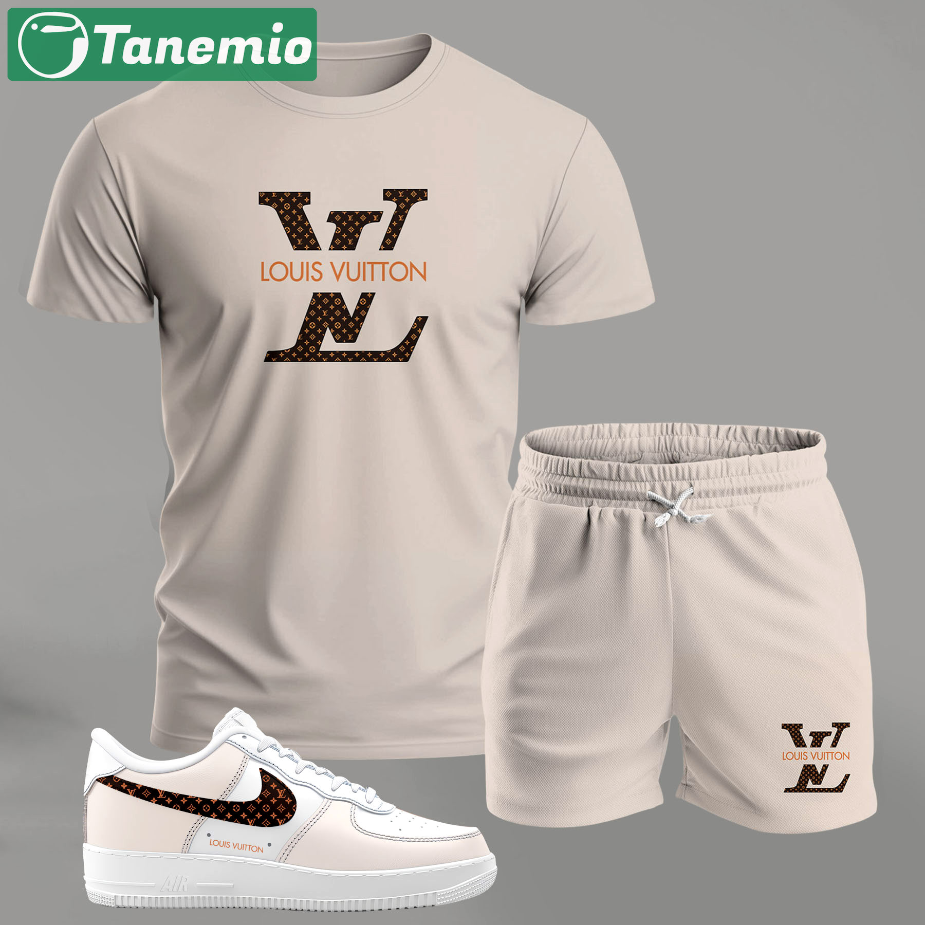 Minimal beige monogram set for men, clean luxury logo t-shirt and shorts combo with matching sneakers T-Shirt Short Sneakers Set