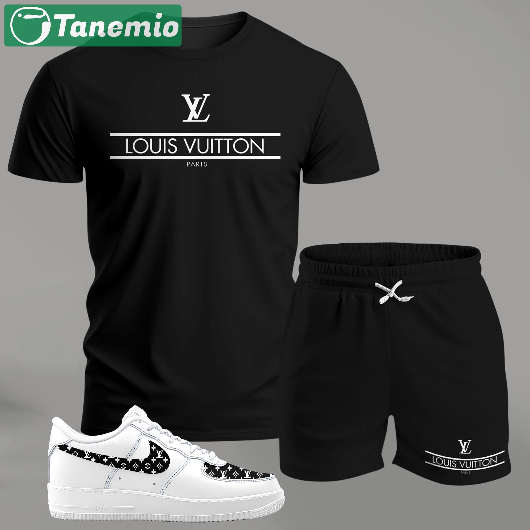 Minimal black logo set for men, clean typography t-shirt and shorts combo with monochrome sneakers T-Shirt Short Sneakers Set