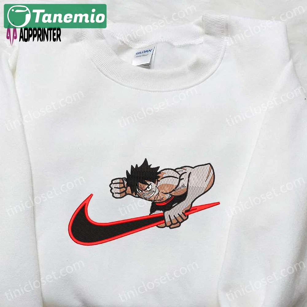 Monkey d luffy x nike swoosh anime embroidered sweatshirt one piece shirt Embroidered Shirt