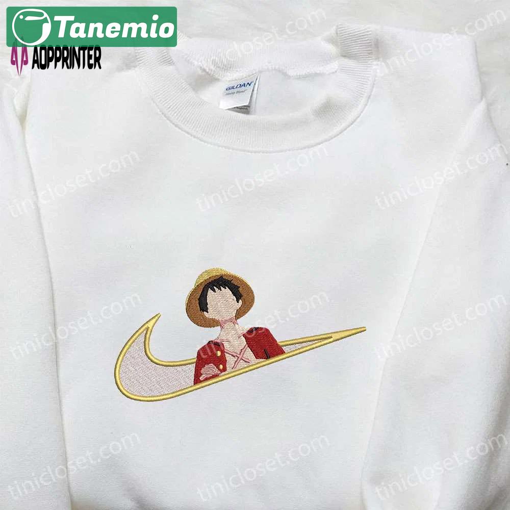 Monkey d luffy x nike swoosh anime embroidered tshirt – one piece & nike inspired shirt Embroidered Shirt