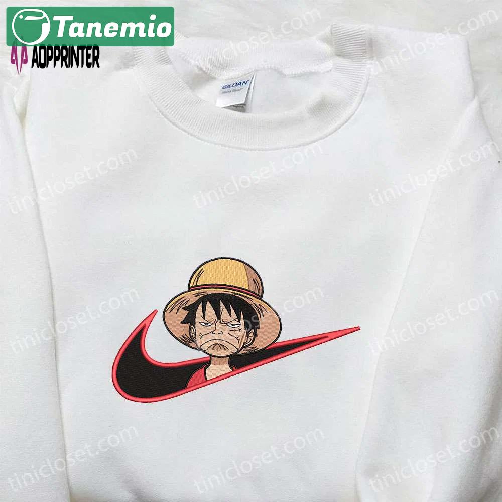 Monkey d luffy x nike swoosh embroidered tshirt: one piece & nike inspired shirt Embroidered Shirt