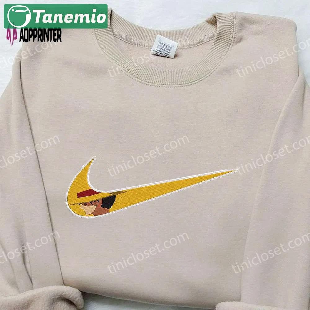 Monkey d luffy x nike swoosh hoodie: anime embroidered one piece & nike inspired shirt Embroidered Shirt