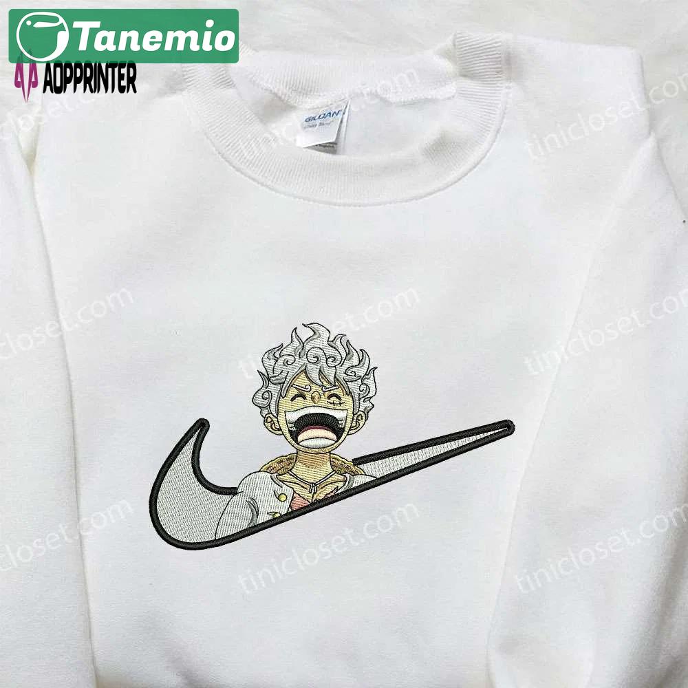 Monkey d luffy x nike swoosh shirt – one piece embroidered anime tee Embroidered Shirt
