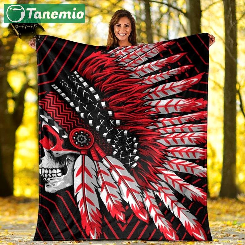Native american indian skull red feather headdress fleece blanket, mink sherpa blanket, native american quilt, chief blanket Quilt Blanket