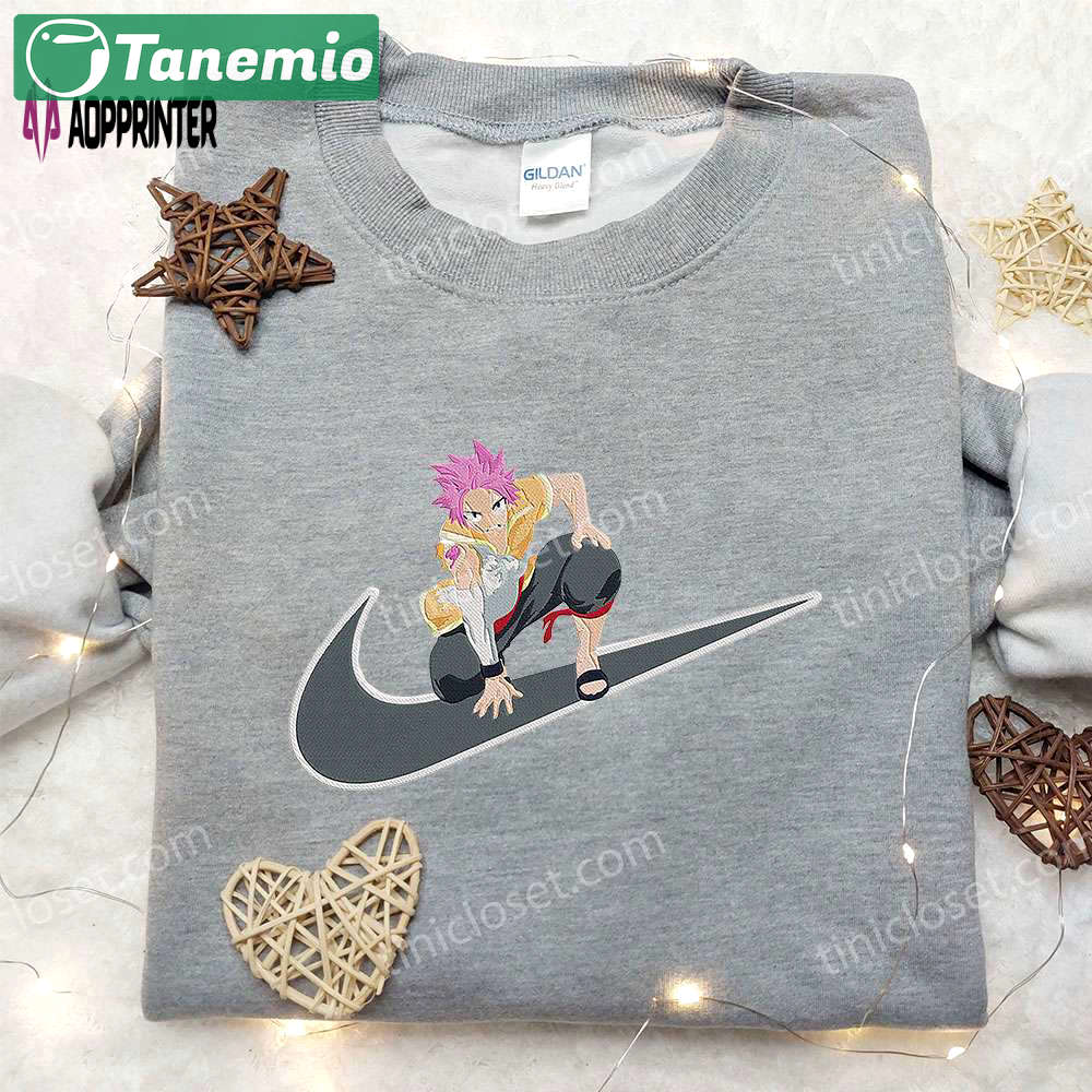 Natsu dragneel x nike swoosh anime embroidered hoodie & fairy tail shirt: nike inspired apparel Embroidered Shirt