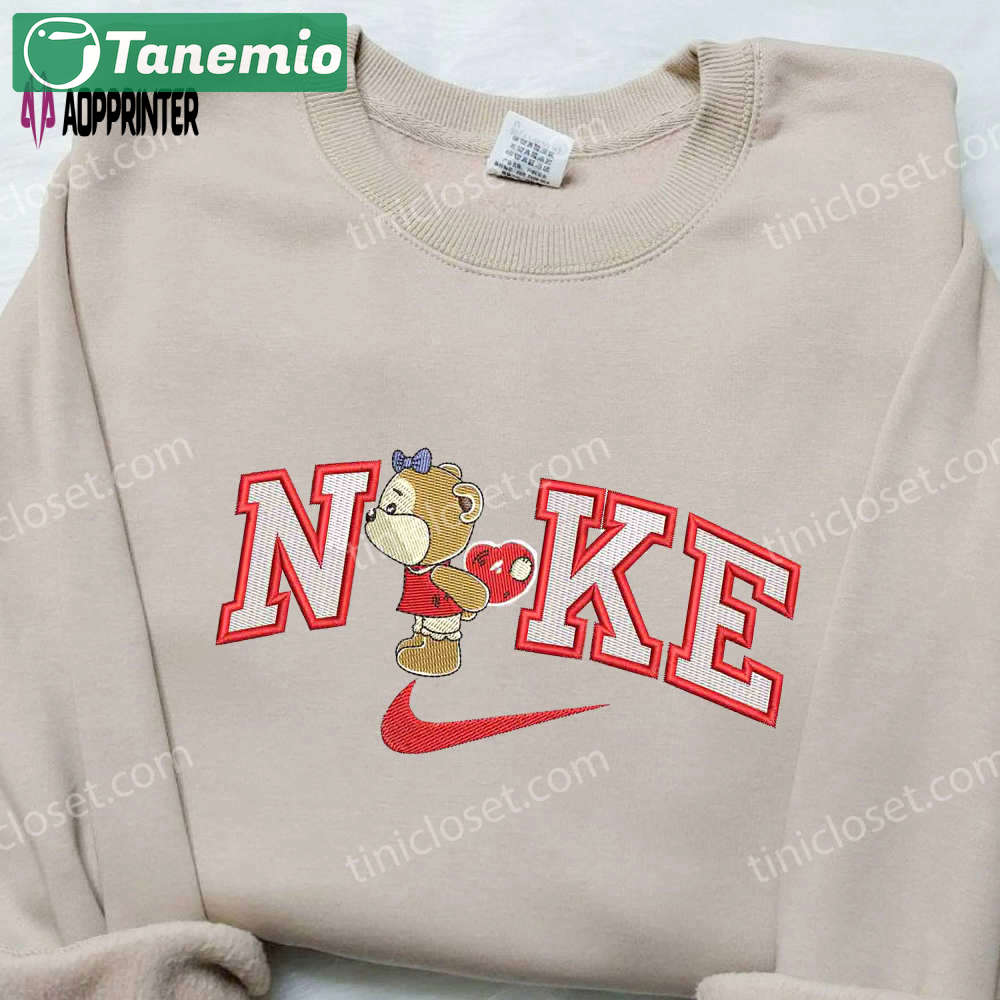 Nike embroidered shirt – bear bring heart x swoosh cartoon design Embroidered Shirt