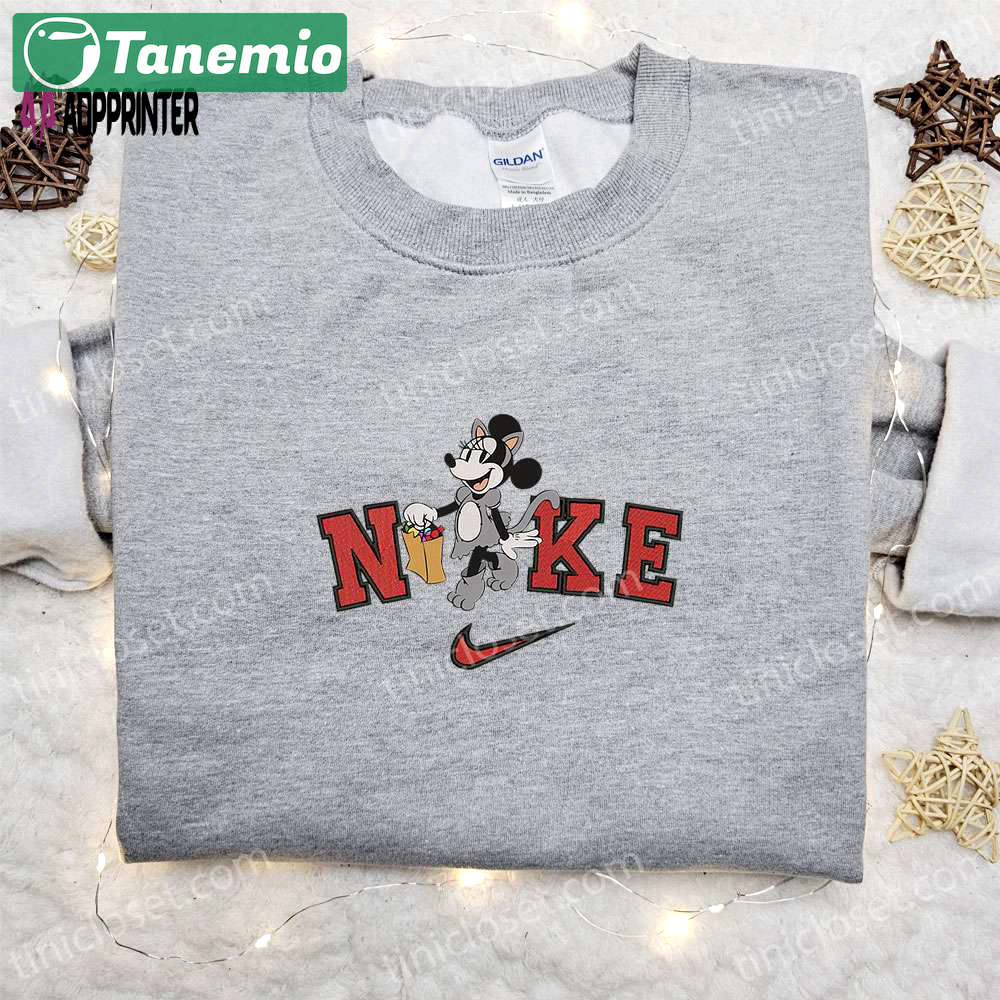 Nike halloween x minnie mouse cat candy bag sweatshirt: disney characters embroidered shirt for best halloween gift ideas Embroidered Shirt