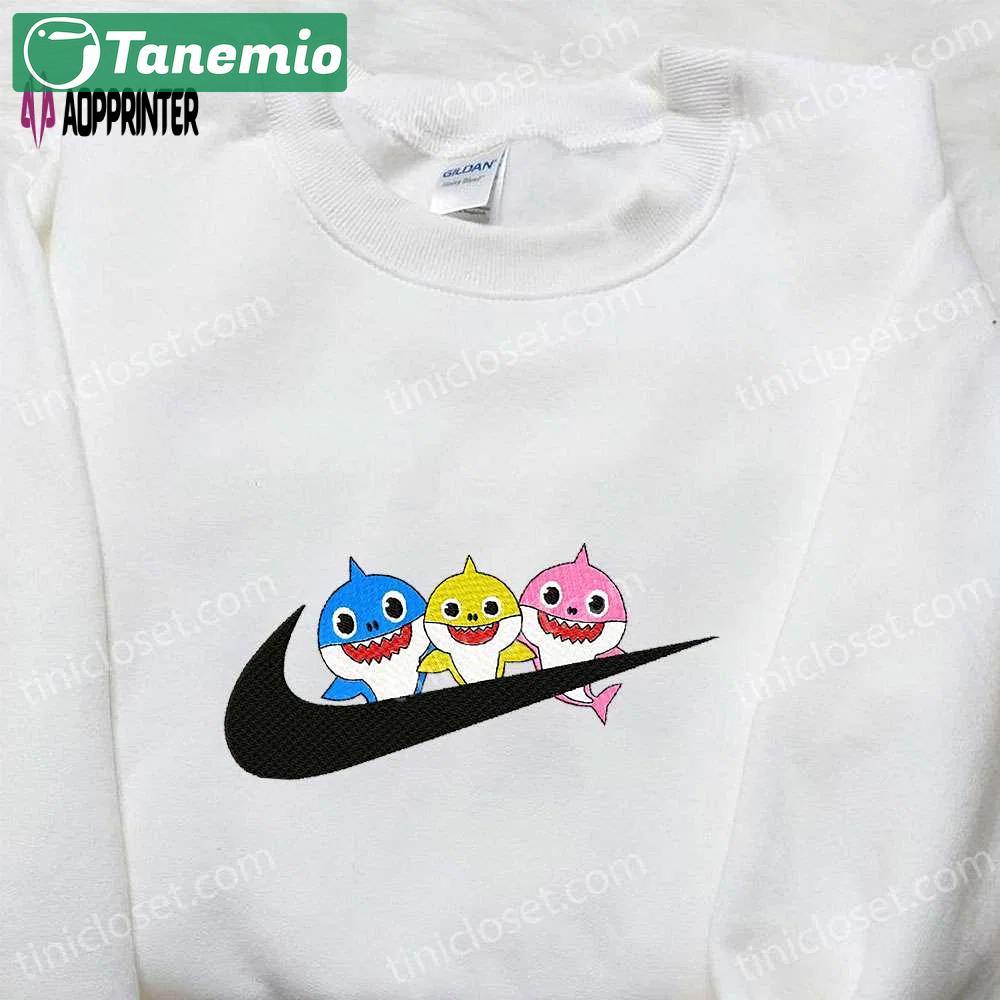 Nike inspired baby sharks embroidered shirt – perfect birthday gift with cartoon swoosh design Embroidered Shirt