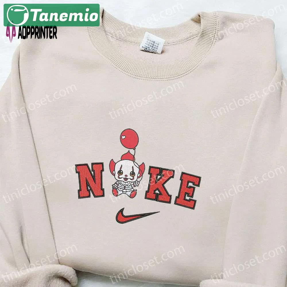 Nike x baby clown pennywise embroidered hoodie – funny halloween sweatshirt & t-shirt: spooky nike inspired embroidery Embroidered Shirt