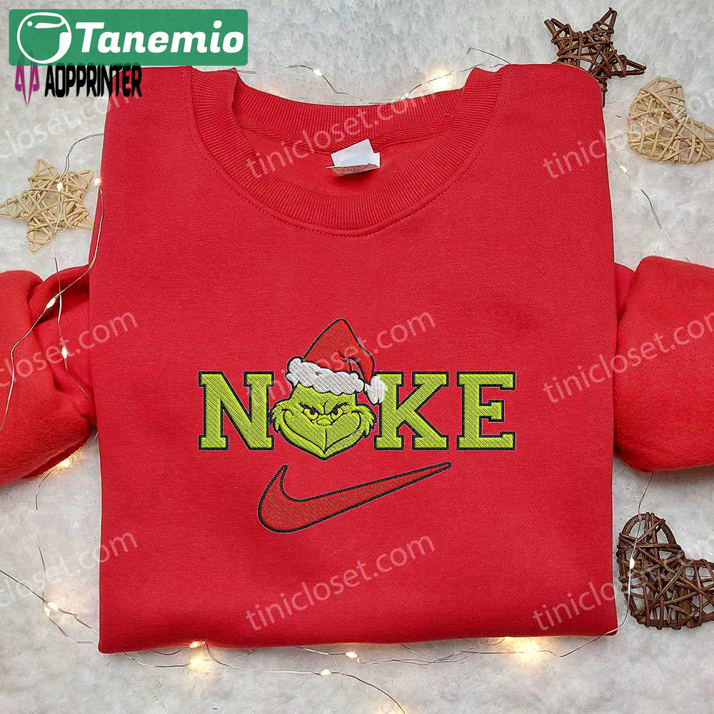 Nike x grinch christmas hat shirt: festive embroidery & best gift for holidays! Embroidered Shirt