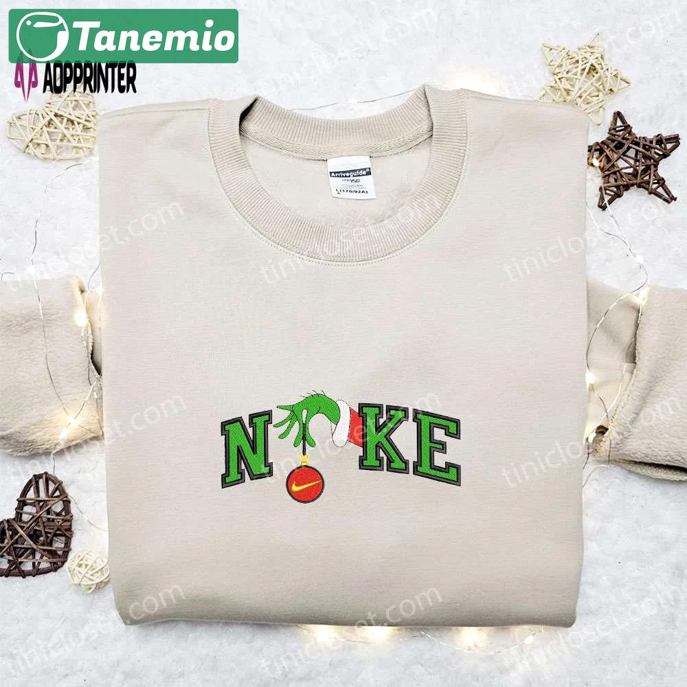 Nike x grinch hand embroidered sweatshirt disney embroidered shirt nike inspired t-shirt Embroidered Shirt
