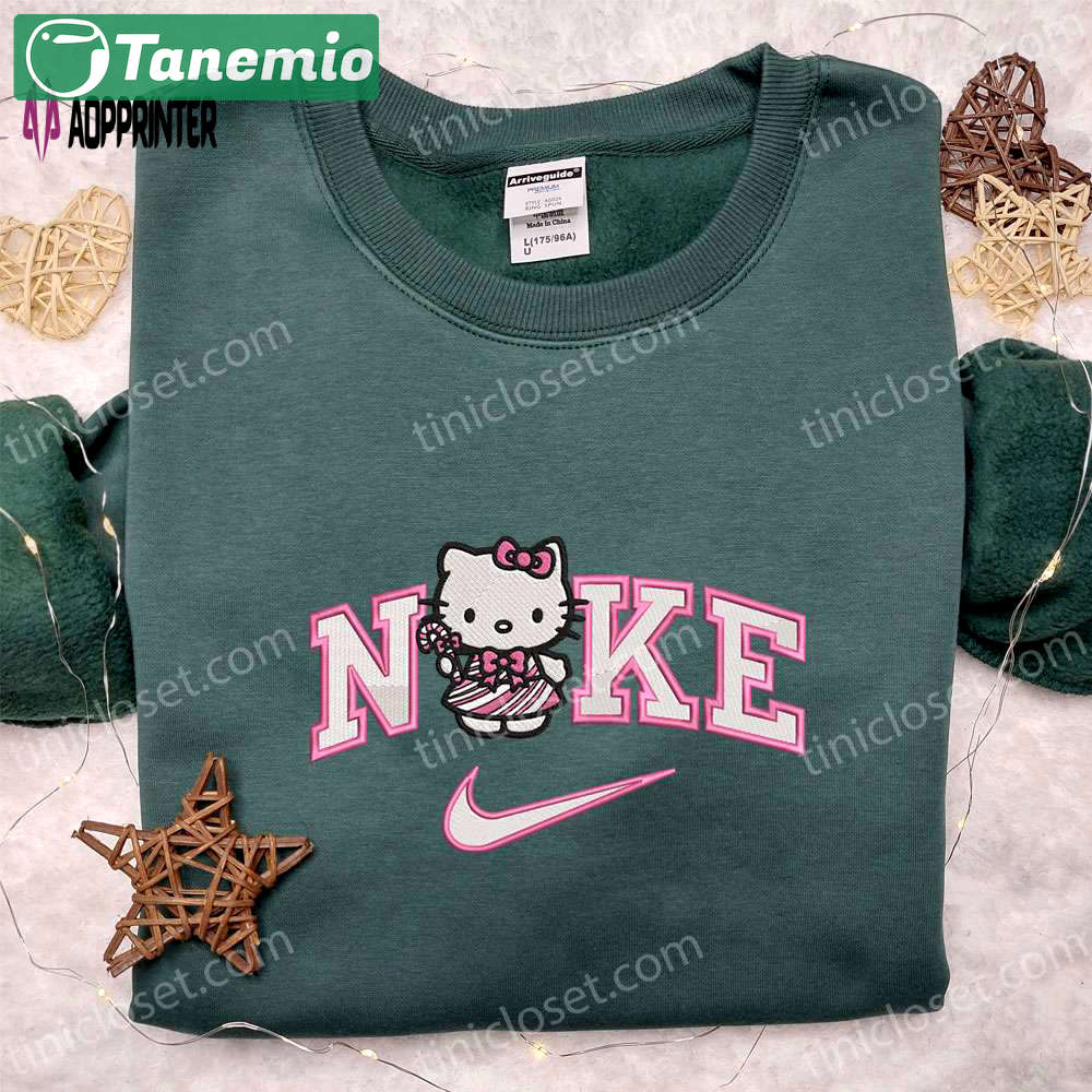 Nike x hello kitty pink candy cane shirt & hoodie: cartoon embroidery for christmas gift ideas Embroidered Shirt