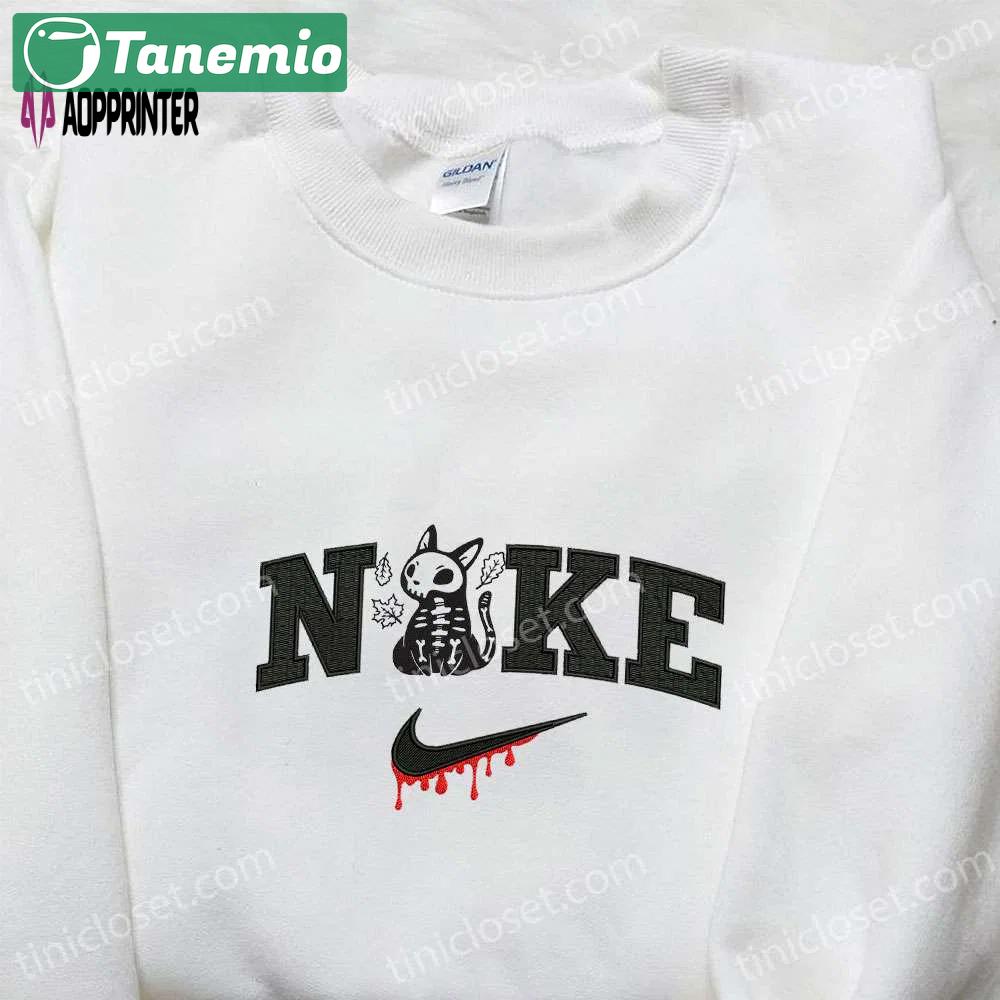 Nike x skeleton cat shirt: spooky halloween gift for nike lovers Embroidered Shirt