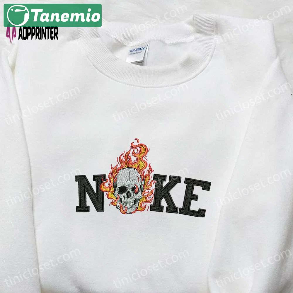 Nike x skull on fire embroidered shirt: best halloween gift for nike fans Embroidered Shirt