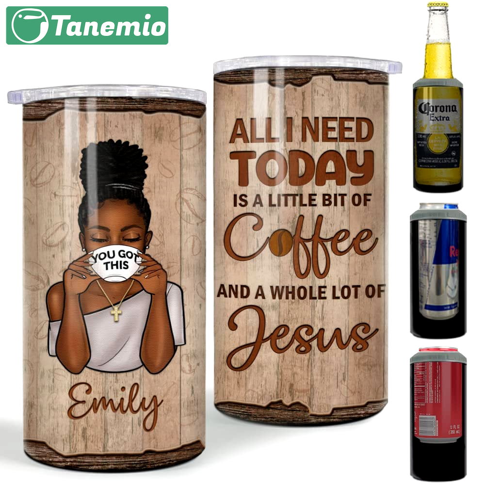 Personalized black queen can cooler black women jesus and coffee Personalized Tumbler