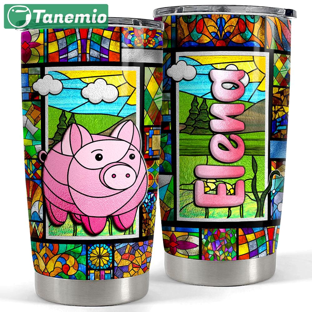 Personalized pig tumbler with customize name stained glass drawing Personalized Tumbler