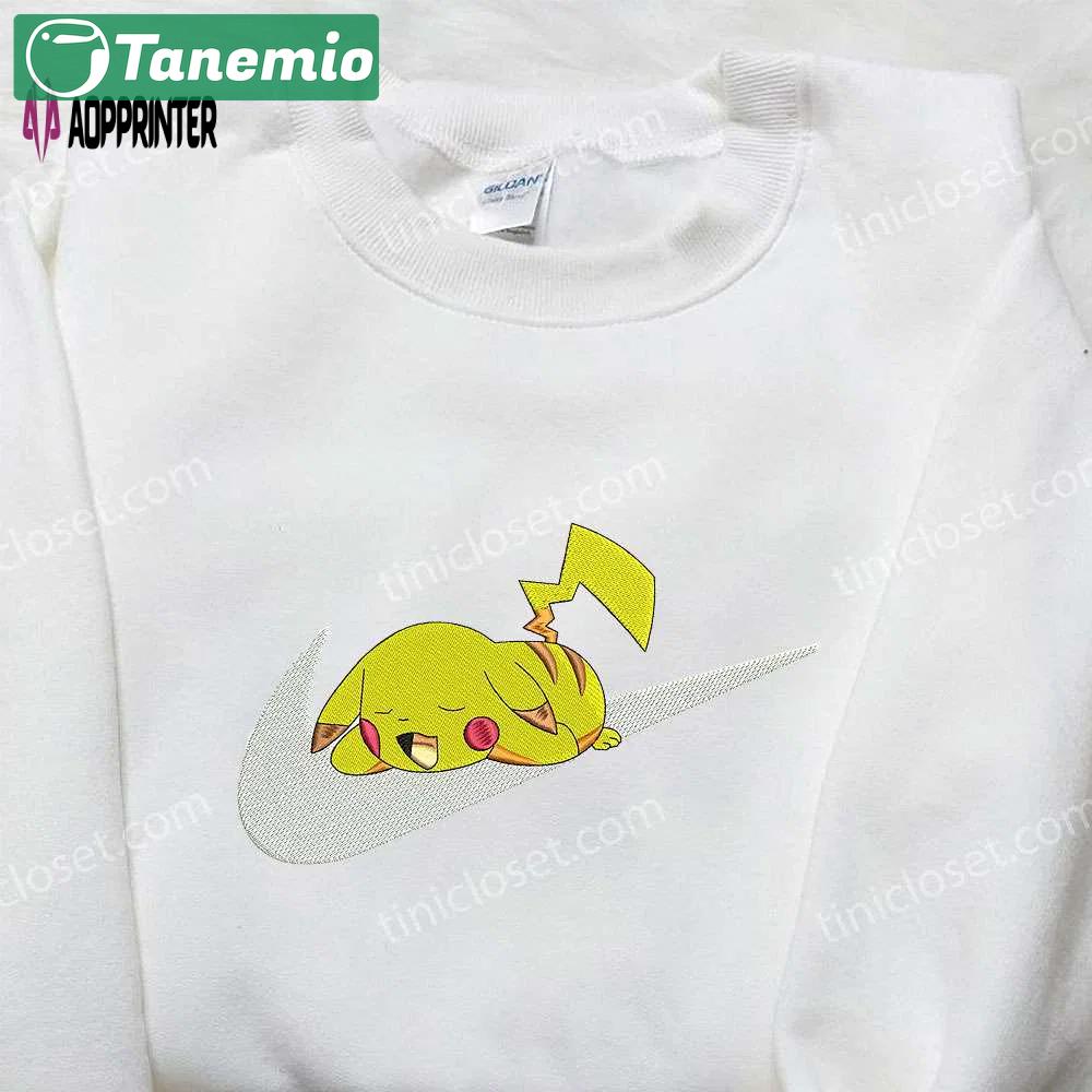 Pikachu sleep x nike swoosh sweatshirt: pokemon & nike inspired embroidered shirt Embroidered Shirt