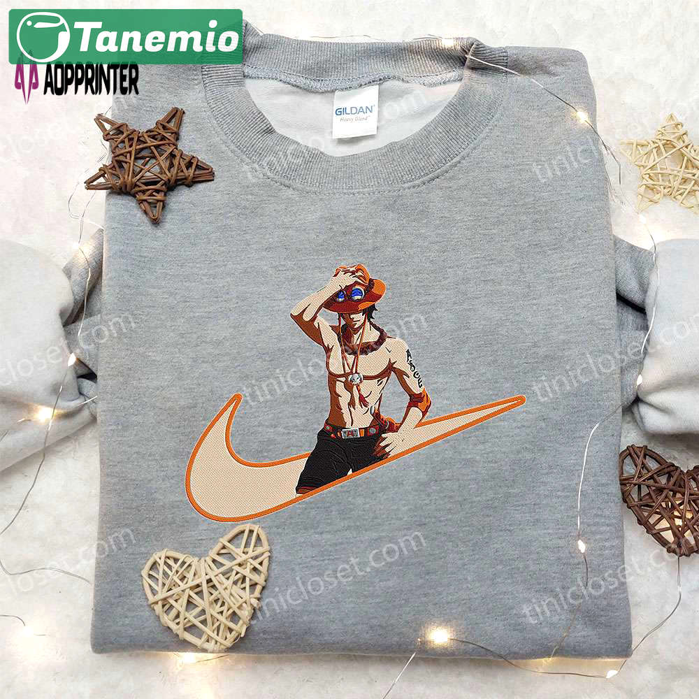 Portgas d ace x nike anime hoodie – embroidered one piece & nike inspired shirt Embroidered Shirt