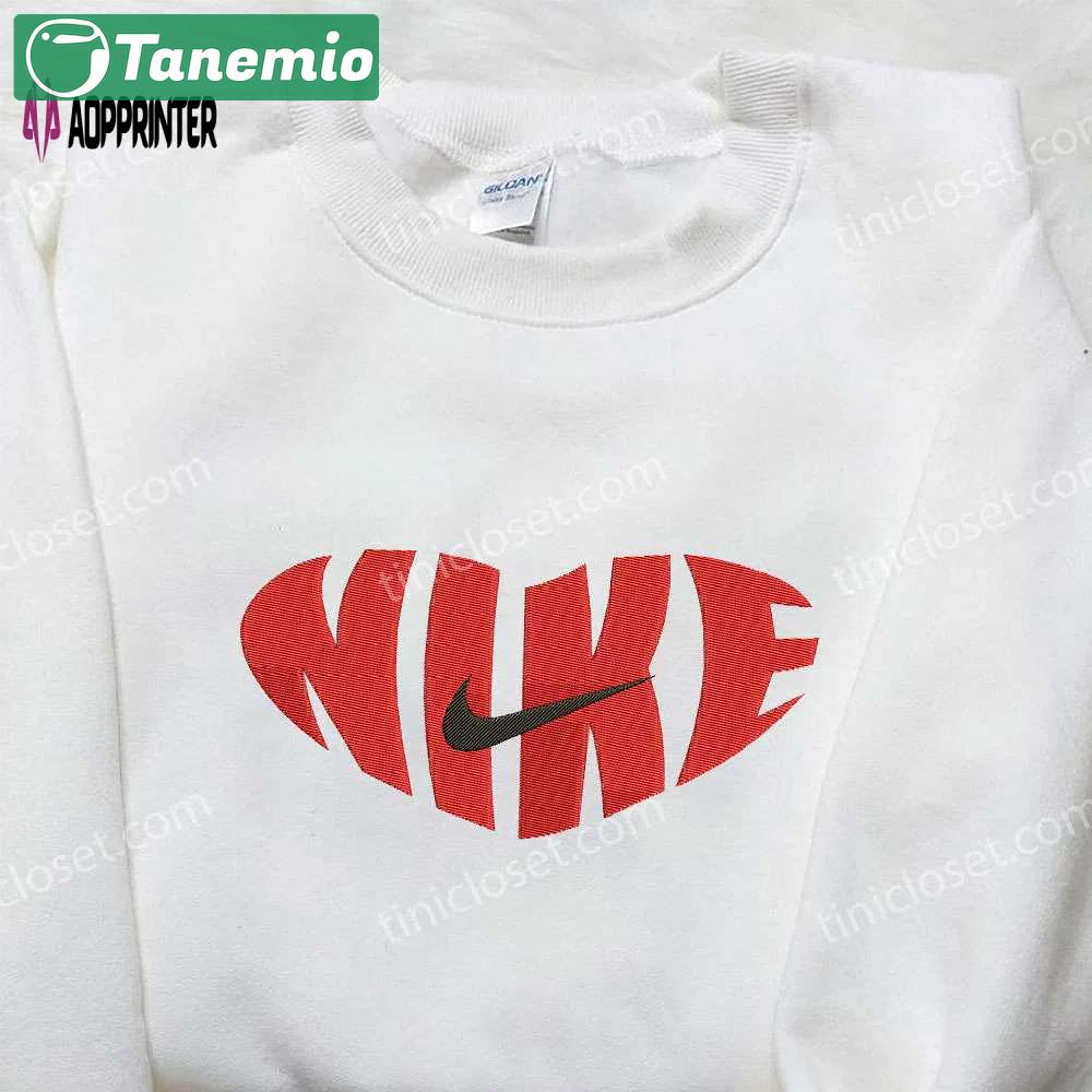 Red heart love x nike swoosh embroidered shirt – nike inspired logo shirt perfect valentine’s day gift Embroidered Shirt