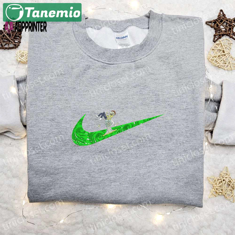 Rick and morty x swoosh cartoon embroidered shirt – nike inspired sweatshirt & custom hoodie Embroidered Shirt