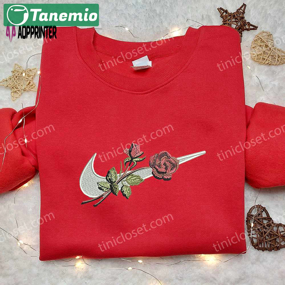 Rose x nike swoosh embroidered sweatshirt: flower shirt nike inspired design Embroidered Shirt
