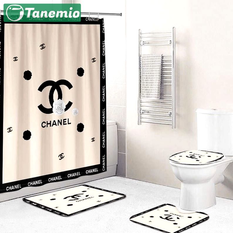 Rugs in living room and bedroom - Chanel beige bathroom set hot 2023 luxury shower curtain bath rug mat home decor 245 Bathroom Accessory Sets