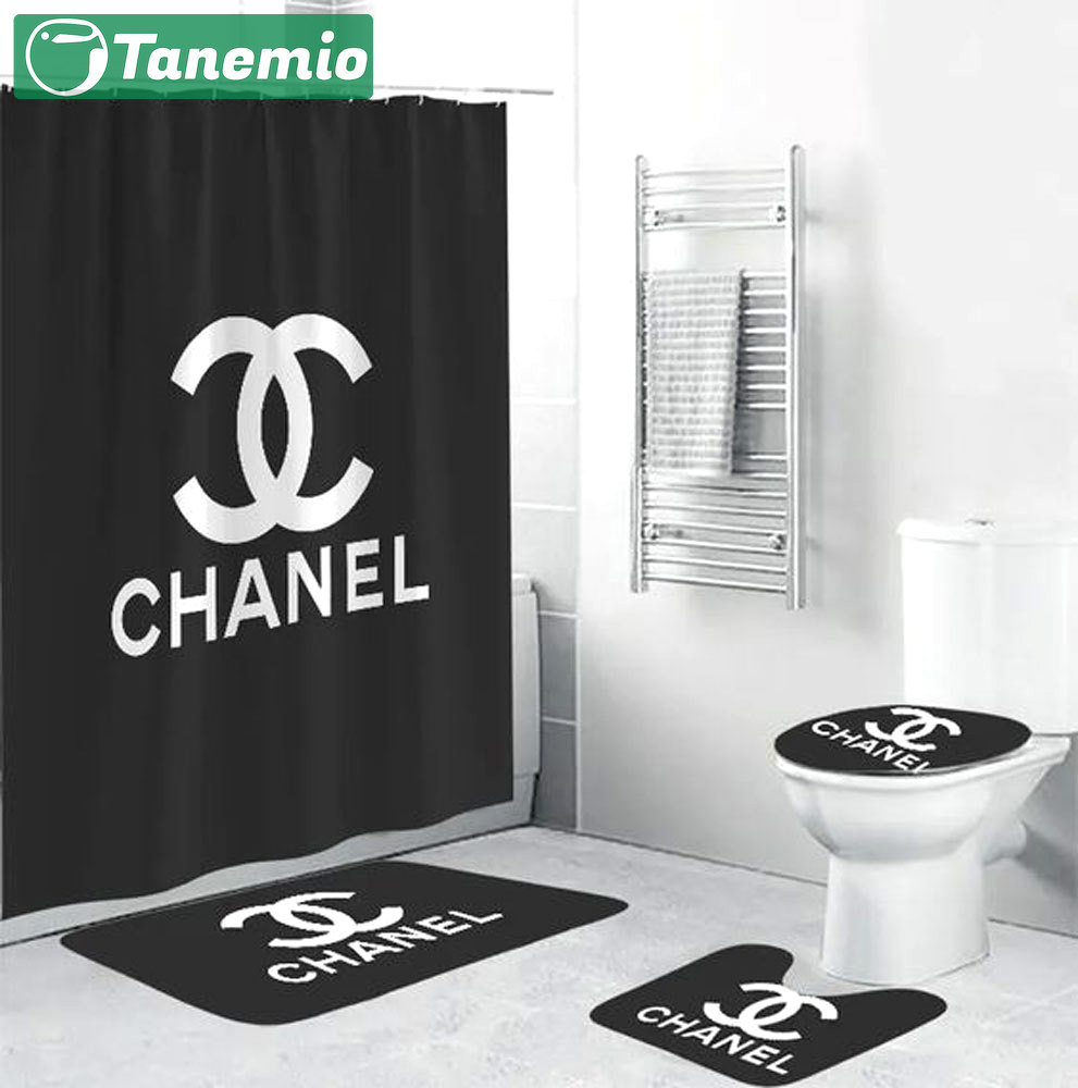 Rugs in living room and bedroom - Chanel black bathroom set hot 2023 luxury shower curtain bath rug mat home decor 252 Bathroom Accessory Sets