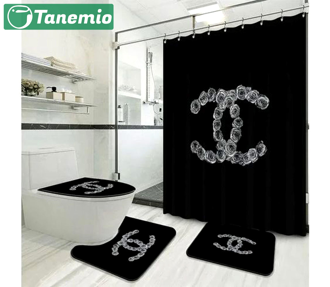 Rugs in living room and bedroom - Chanel flower bathroom set hot 2023 luxury shower curtain bath rug mat home decor 248 Bathroom Accessory Sets