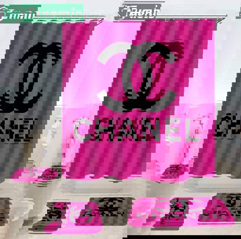 Rugs in living room and bedroom - Chanel pink bathroom set hot 2023 luxury shower curtain bath rug mat home decor 154 Bathroom Accessory Sets