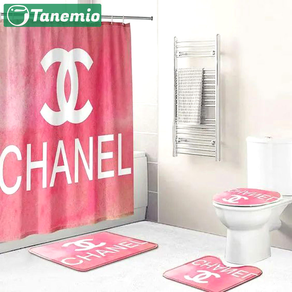 Rugs in living room and bedroom - Chanel pink bathroom set hot 2023 luxury shower curtain bath rug mat home decor 323 Bathroom Accessory Sets