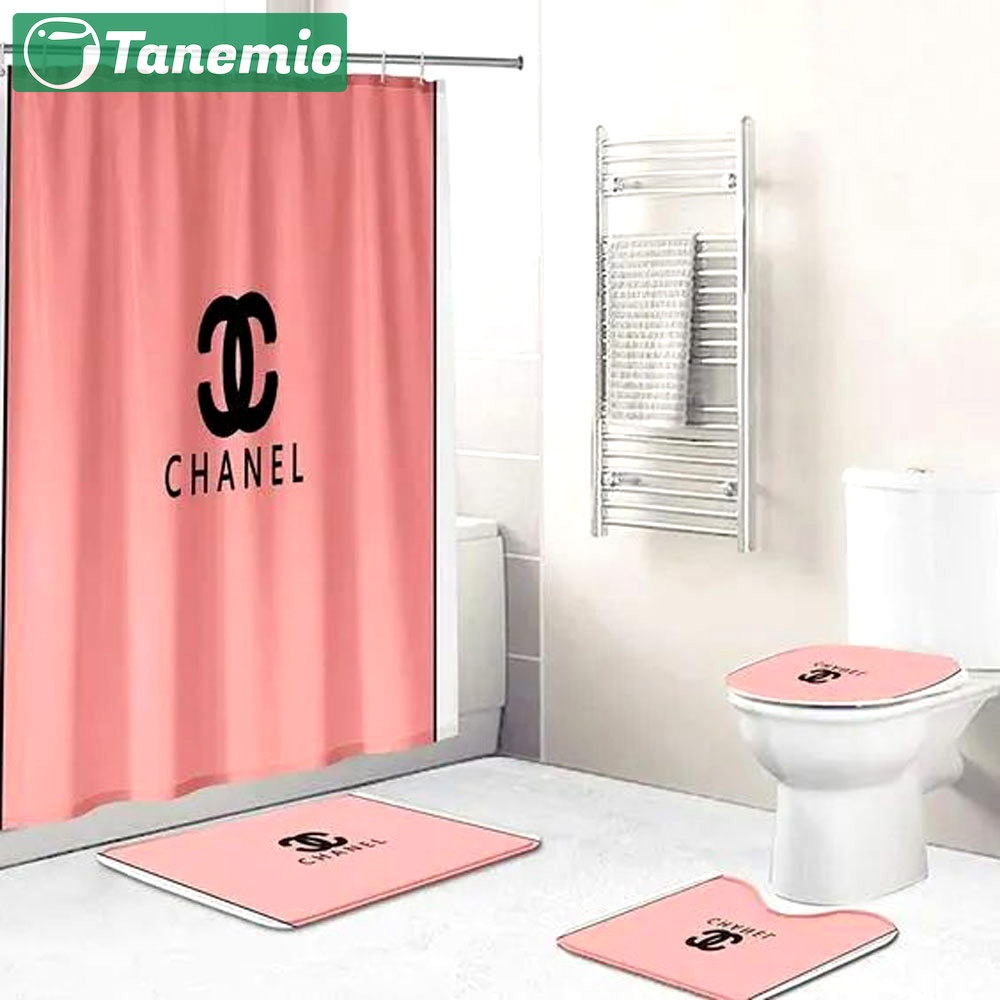 Rugs in living room and bedroom - Chanel salmon bathroom set hot 2023 luxury shower curtain bath rug mat home decor 275 Bathroom Accessory Sets