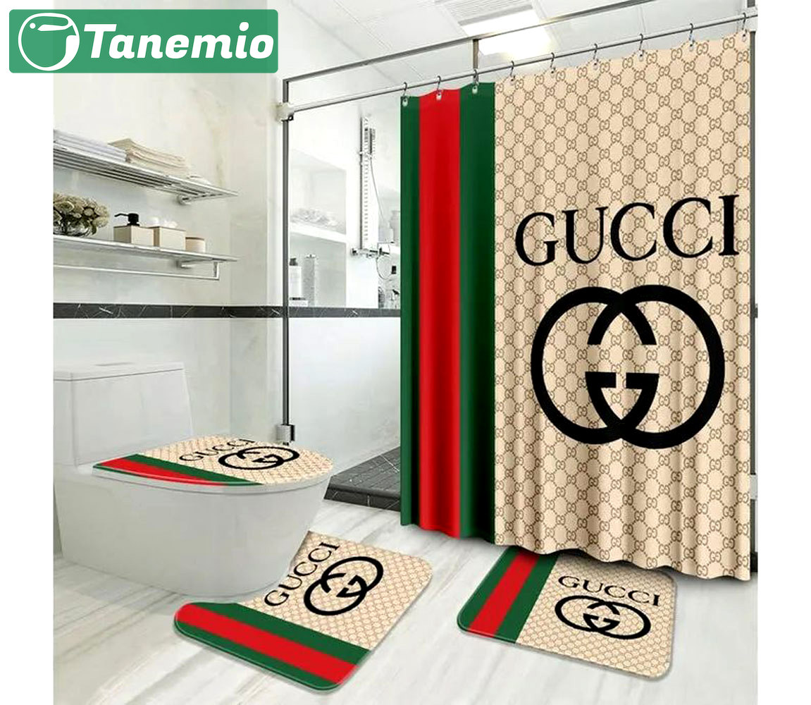 Rugs in living room and bedroom - Gucci beige stripe bathroom set hot 2023 luxury shower curtain bath rug mat home decor 208 Bathroom Accessory Sets