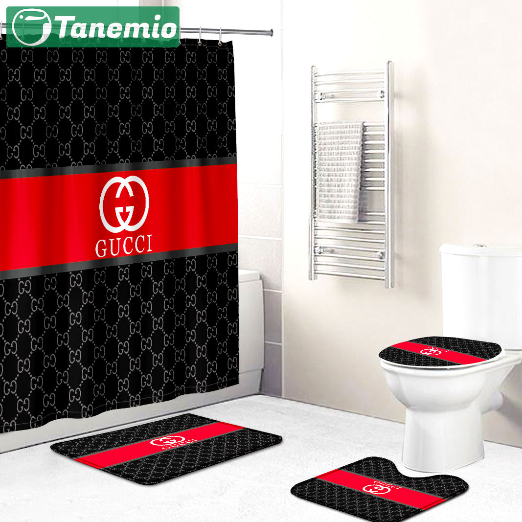 Rugs in living room and bedroom - Gucci black red bathroom set hot 2023 luxury shower curtain bath rug mat home decor 157 Bathroom Accessory Sets