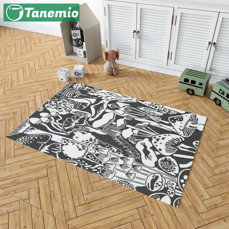 Rugs in living room and bedroom aimee wilder wallpaper - mushroom city designer contrast rug - black and white forest mushroom rug- wall decor area rug- carpet floor rug Rectangle Rug