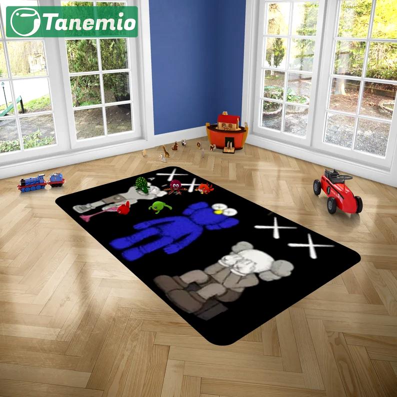 Rugs in living room and bedroom black three person puppet rug - kaw hypebeast rug - street fashion rug- street style living room rug- street rug- cool rug- boy room rug Rectangle Rug