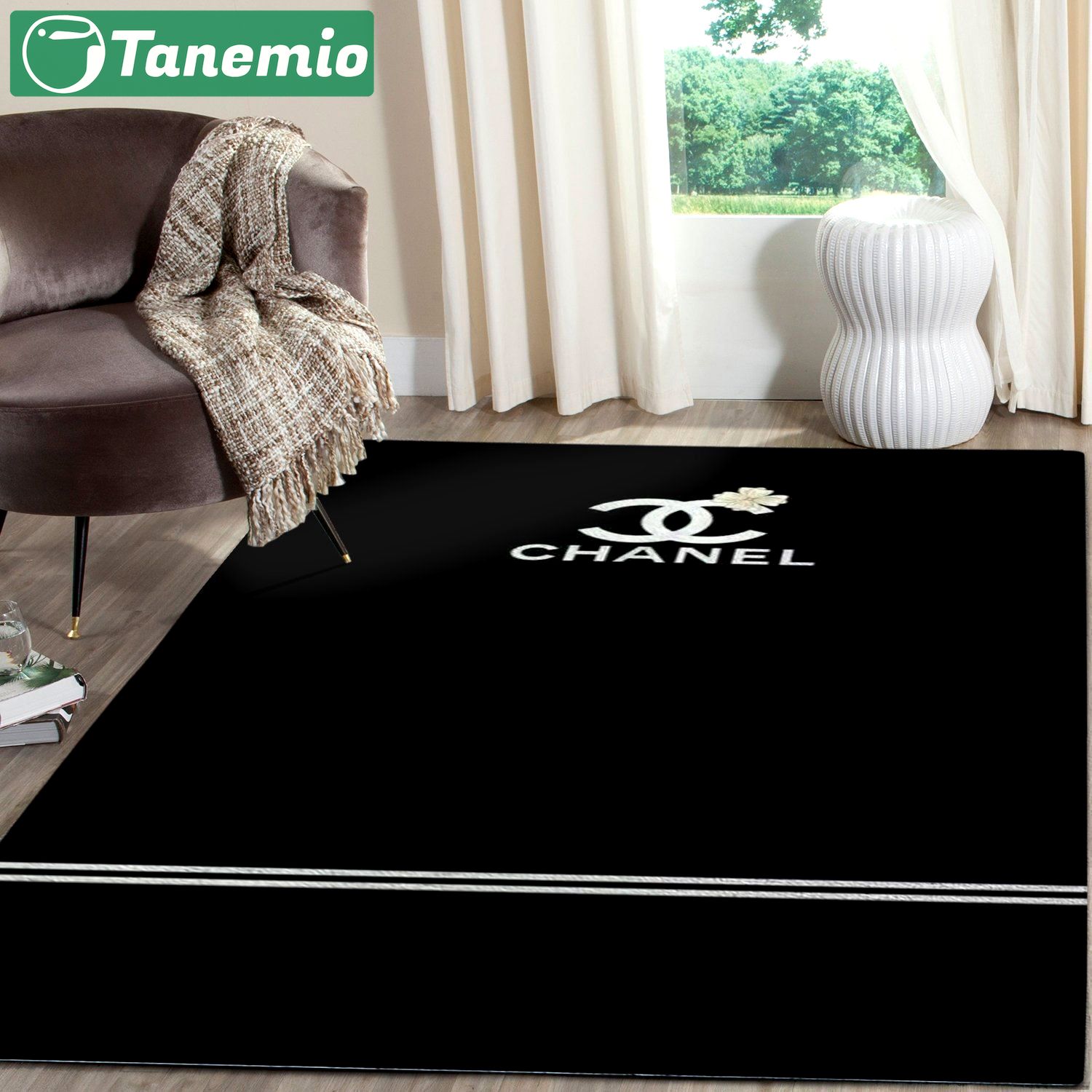 Rugs in living room and bedroom chanel black line fashion luxury brand premium rug carpet home decor Rectangle Rug