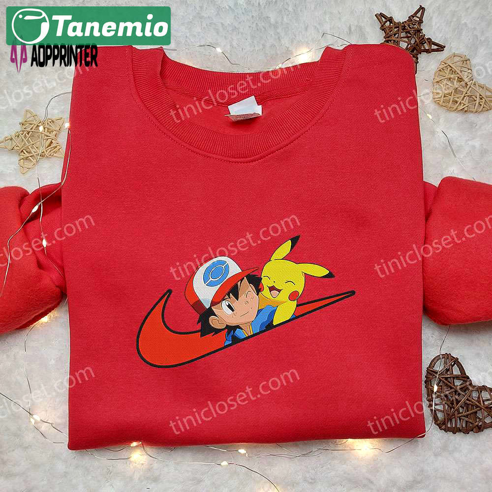 Satoshi & pikachu x nike swoosh anime hoodie pokemon & nike inspired embroidered shirt Embroidered Shirt
