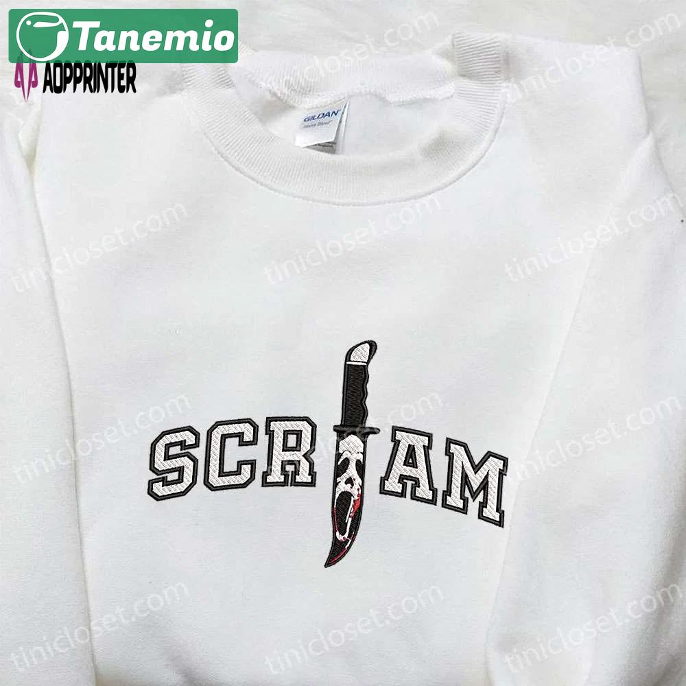 Scream ghost face in knife embroidered shirt horror characters best halloween gifts Embroidered Shirt