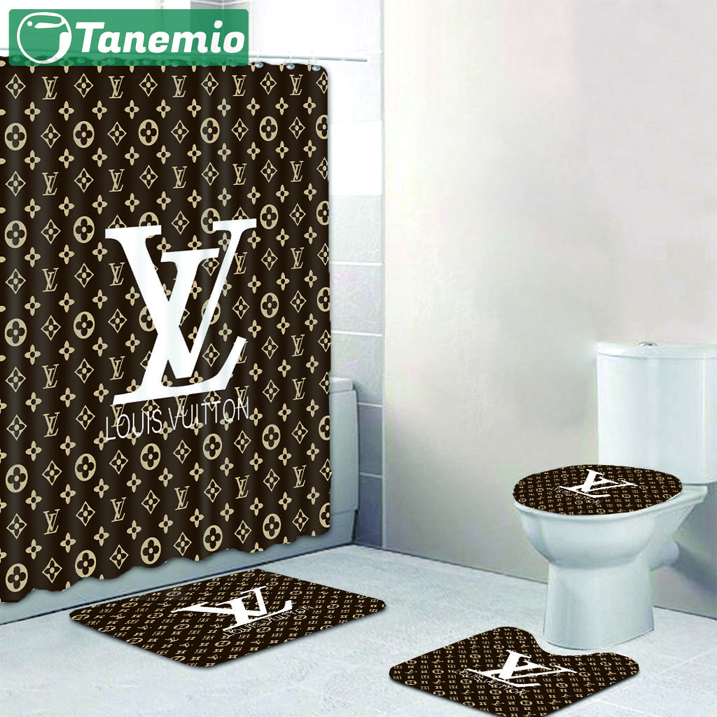 Shower curtains lv louis vuitton  brown white logo full bath mat sets shower curtain 408 Bathroom Set