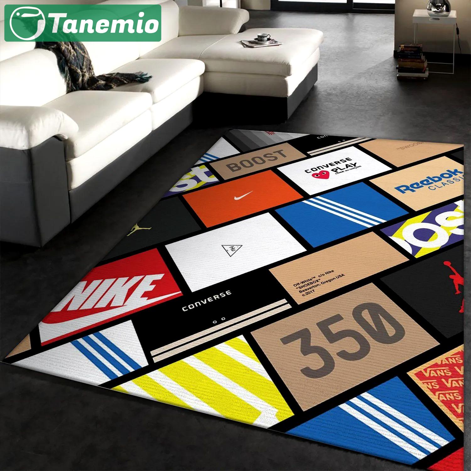Sneaker boxes logo type 135. Upgrade Your Living Room with Luxury Home Decor: Area Carpets, Floor Decor, Door Mats, and Hot Gift Items with style a High-End Fashion Brand Rectangle Rug