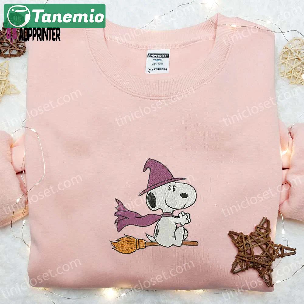 Snoopy witch fly embroidered t-shirt & peanuts halloween hoodie – best halloween gift ideas Embroidered Shirt