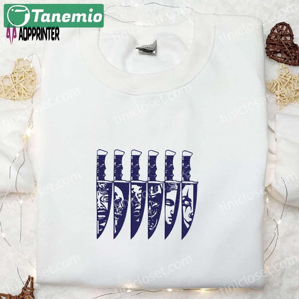 Spooky horror characters halloween knife embroidered shirt – scary & best halloween gifts for family Embroidered Shirt