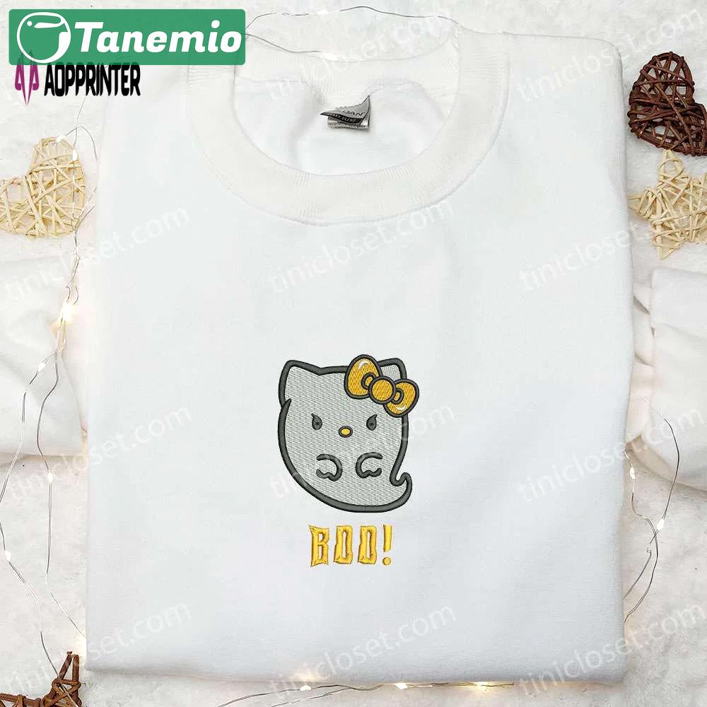 Spooky kitty boo ghost embroidered sweatshirt hoodie & t-shirt for a spirited halloween Embroidered Shirt