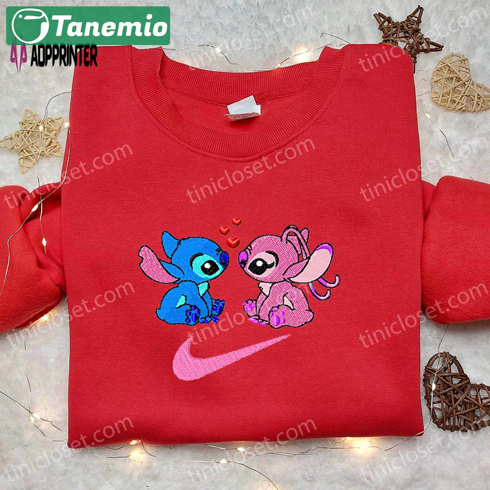 Stitch and angel love x nike swoosh cartoon embroidered shirt – lilo and stitch inspired Embroidered Shirt