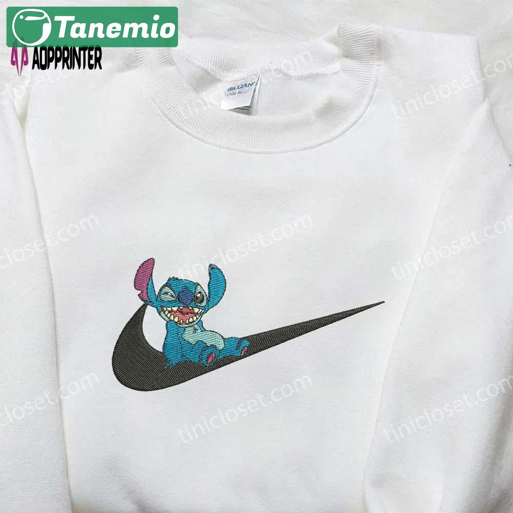 Stitch laughing x nike swoosh sweatshirt lilo and stitch cartoon embroidered shirt nike inspired Embroidered Shirt