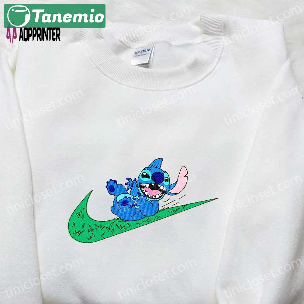 Stitch x nike swoosh cartoon embroidered tshirt – best nike inspired gift for family Embroidered Shirt
