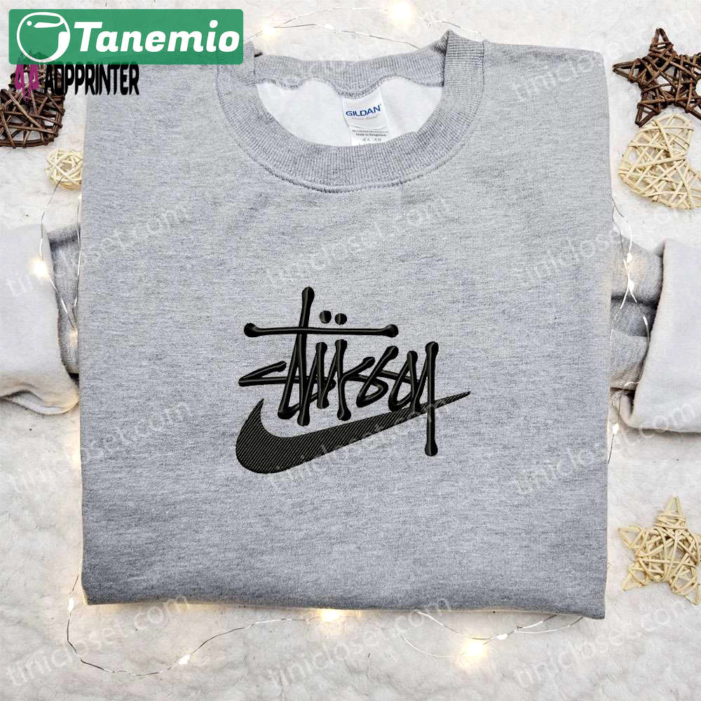 Stussy x swoosh embroidered sweatshirt: nike inspired hoodie perfect family gift Embroidered Shirt
