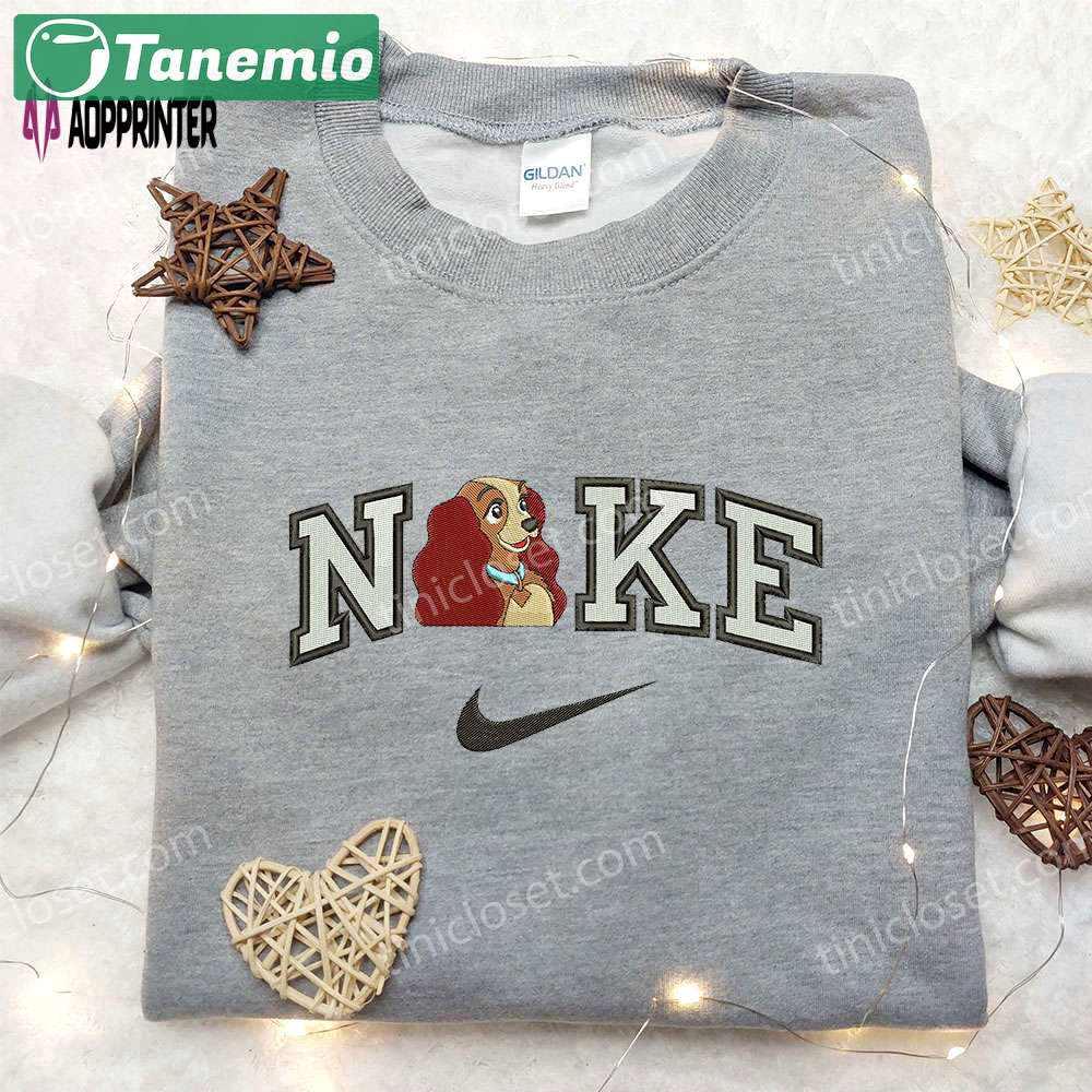 Stylish lady x nike embroidered shirt – lady and the tramp design – customizable nike shirt Embroidered Shirt