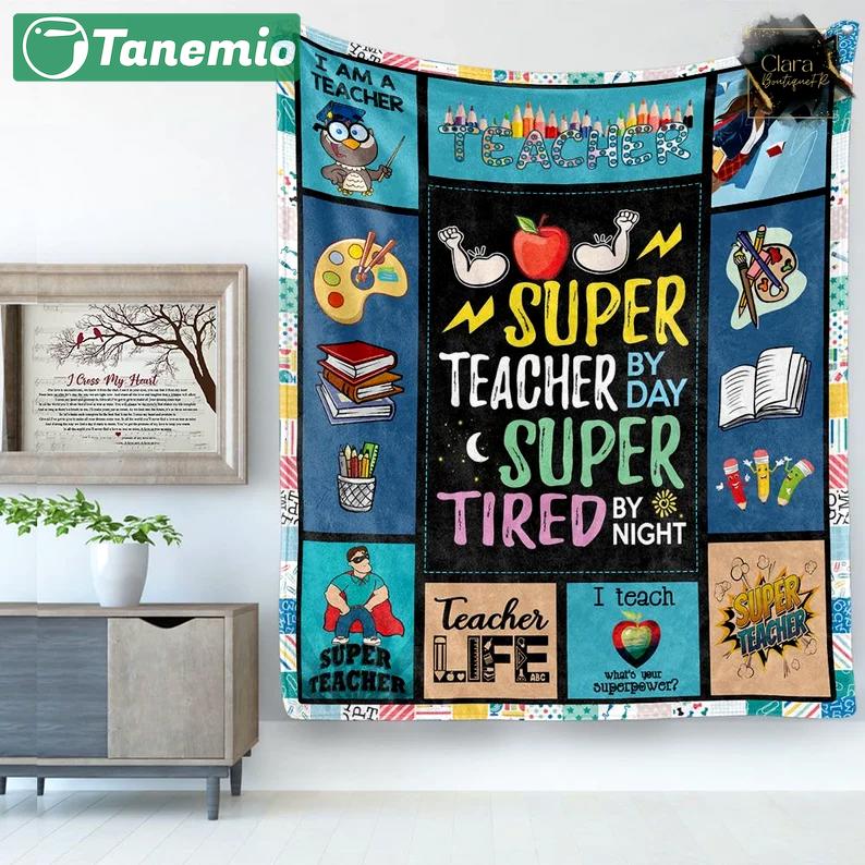 Super teacher by day super tired by night fleece blanket, mink sherpa blanket, teacher thank you blanket, teacher quilt, teacher’s day gift Quilt Blanket