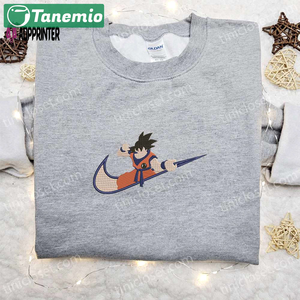 Swoosh anime x goku embroidered sweatshirt – dragon ball shirt best birthday gift ideas Embroidered Shirt